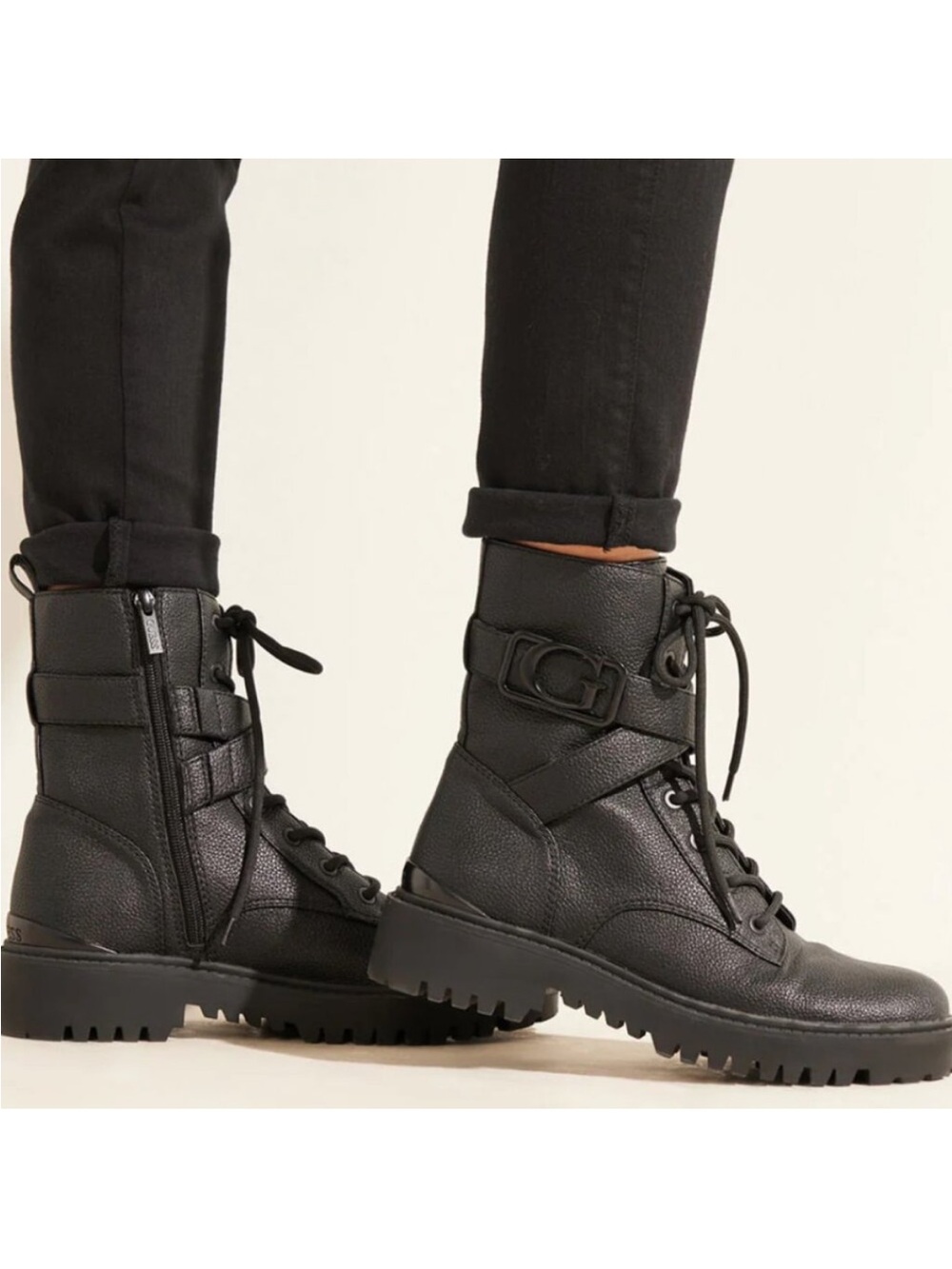 GUESS ORANA LUG SOLE FAUX LEATHER BUCKLE COMBAT GRUNGE MILITARY BOOTS NEW Sz10